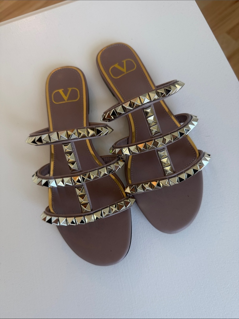 Valentino Brown Leather Slide Sandals with Gold Rockstuds